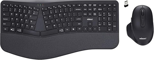Adesso WKB-7500CB Wireless Ergonomic Keyboard and Mouse Combo with Copilot AI Hotkey Scissor Switch Keys Split Keyframe Design Adjustable DPI Optical Mouse for Windows Mac PC Laptop Black