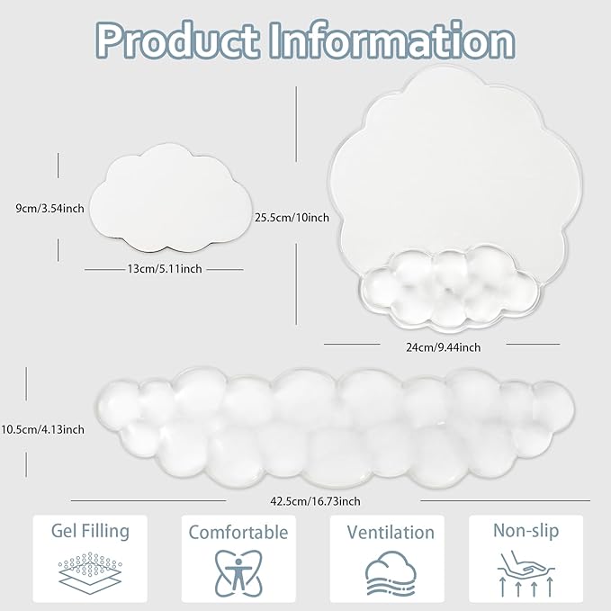 Keyboard Wrist Rest Set - Ergonomic Cloud Mouse Pad with Gel Wrist Rest Support and Cosater, Cute Office Accessories for Computer/Latop/Home/Office