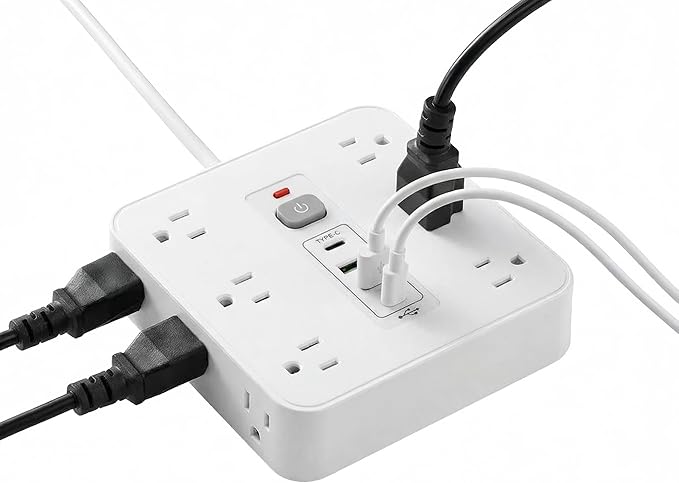 16-in-1 Surge Protector Power Strip with 12 AC Outlets, 4 USB Ports (2 USB-C & 2 USB-A) | 10A Overload Protection, Flat Plug Extension Cord for Home Office Gaming Travel (White, 6FT)