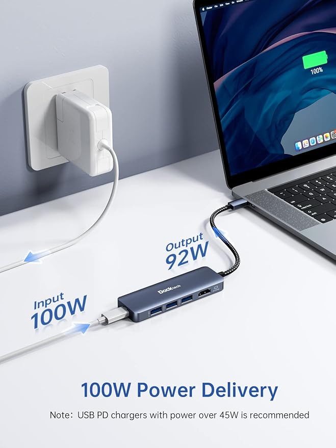 Dockteck USB-C Hub Adapter - 5 in 1 with HDMI 4K 60Hz, 3 USB 3.0 and 100W PD for MacBook Air/Pro M1/M2, iPad Pro/Air, Steam Deck, Surface Pro 8