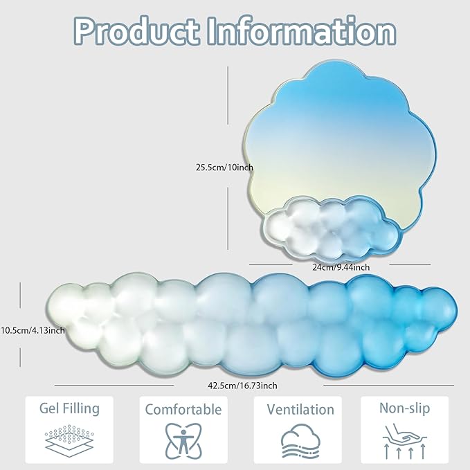 Keyboard Wrist Rest with Cloud Mouse Pad - Gradient Blue Ergonomic Cloud Mouse Pad with Non-Slip Base, Cute Office Accessories for Desktop/Latop/Home/Office
