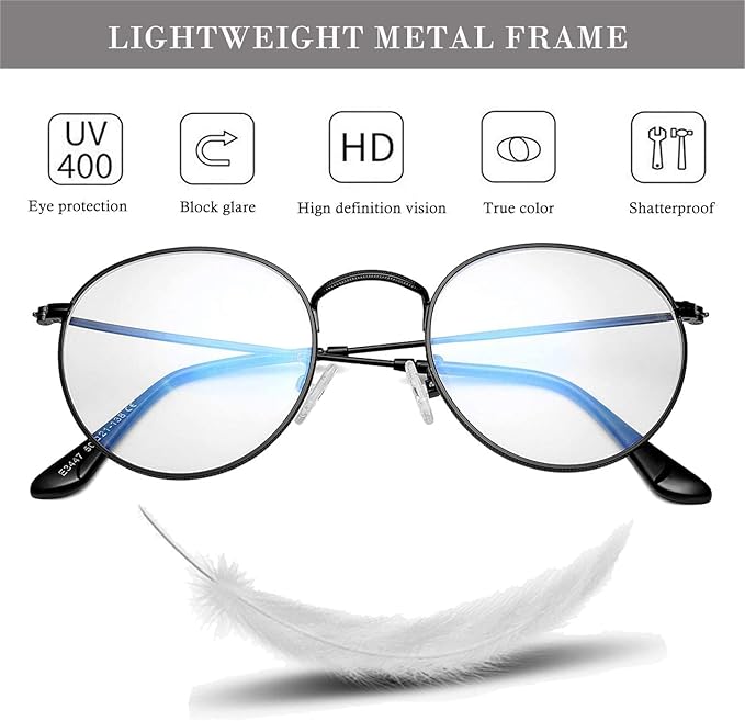 HJSTES Round Blue Light Glasses for Women Men Retro Circle Clear Lens Metal Frame Eyeglasses