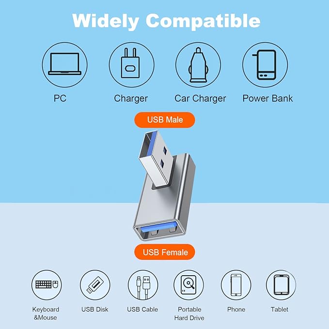 AreMe 90 Degree USB 3.0 Adapter 2 Pack, Right Angle USB A Male to Female Converter Extender for PC, Laptop, USB A Charger, Power Bank and More (Grey)