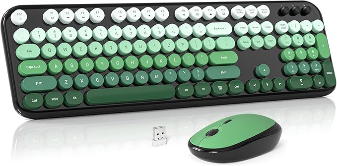 Wireless Keyboard and Mouse Combo, MOWUX Colorful Computer Full Size 2.4G Plug and Play Wireless Typewriter Keyboard and Mouse Set for Computer, Desktop, PC (Black Green Gradient)