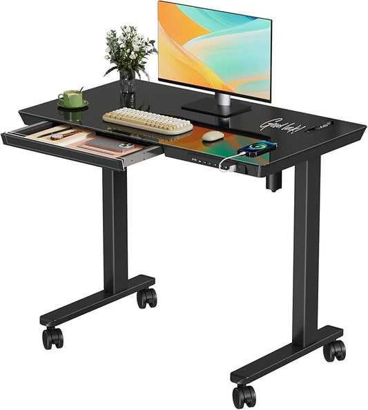 Glass Small Standing Desk with Drawer, 35" x 20" Whole Piece Tabletop Electric Sit Stand Table, Height Adjustable Workstation with Storage & USB Ports, Quick Install Home Office Desk