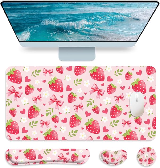 4 in 1 Large Keyboard Mouse Pad Set, Ergonomic Keyboard Wrist Rest Pad, Wrist Support Mousepad Set, Cup Coaster, Extended Desk Mat for Home Game Women Office Desk Decor Accessories(Pink)
