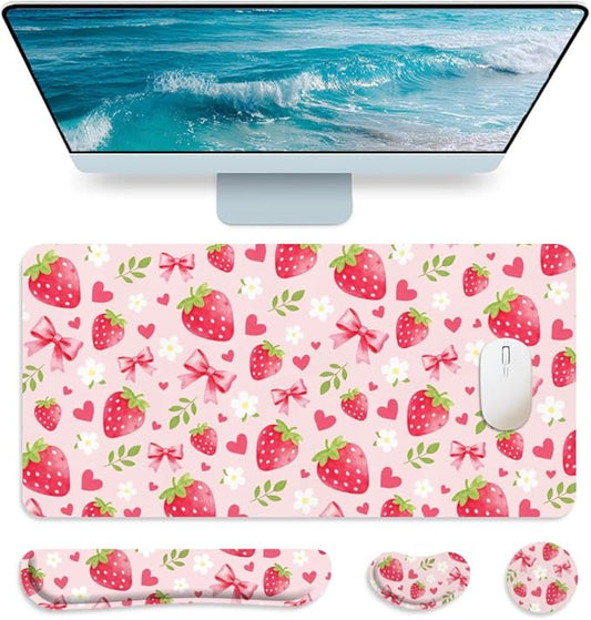 4 in 1 Large Keyboard Mouse Pad Set, Ergonomic Keyboard Wrist Rest Pad, Wrist Support Mousepad Set, Cup Coaster, Extended Desk Mat for Home Game Women Office Desk Decor Accessories(Pink)