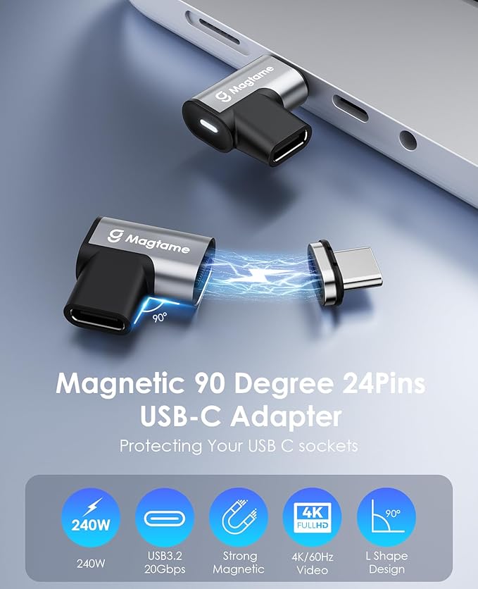 Magtame Magnetic 90 Degree USB-C Male to USB-C Female Adapter, 240W Right Angle 40Gbps Data Transfer 4K Video Output Compatible with ROG Ally, Steam Deck, Switch, iPhone 15/15 Pro Max Black