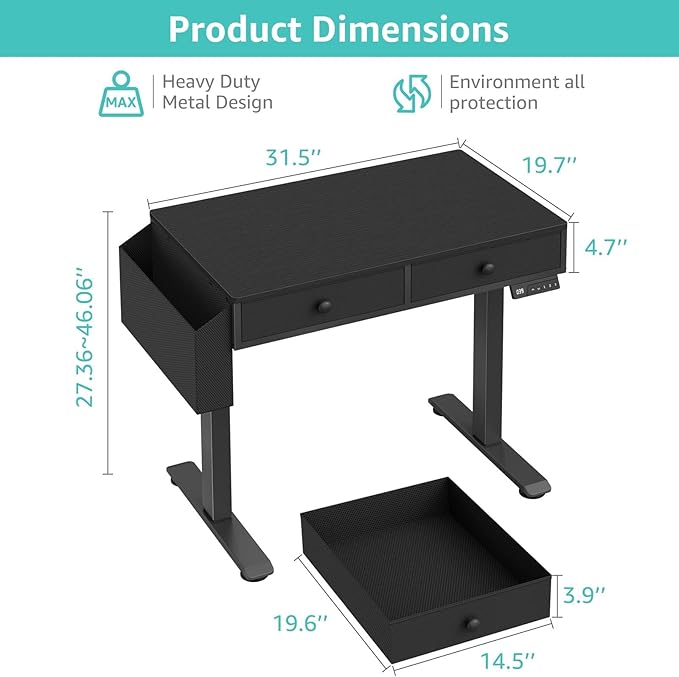 Electric Standing Desk with Drawers - 32 Inch Small Black Height Adjustable Sit Stand Desk with Storage for Home Office Bedroom, Study Writing Compact Stand up Computer Desks for Boys Girl Work
