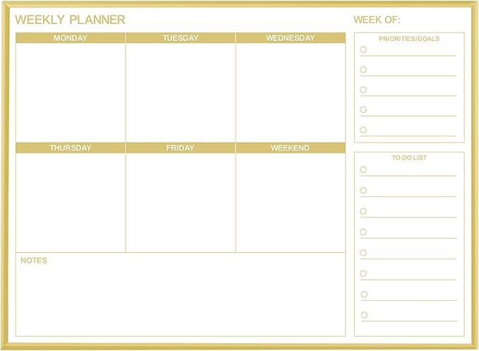 Dry Erase White Board Weekly Calendar Board, Magnetic Whiteboard for Wall, Gold Aluminum Frame Message Board, Horizontal, 17“x13“, Planner Board for Office, Home, Schooll(Weekly-BB-Gold-3343-L)