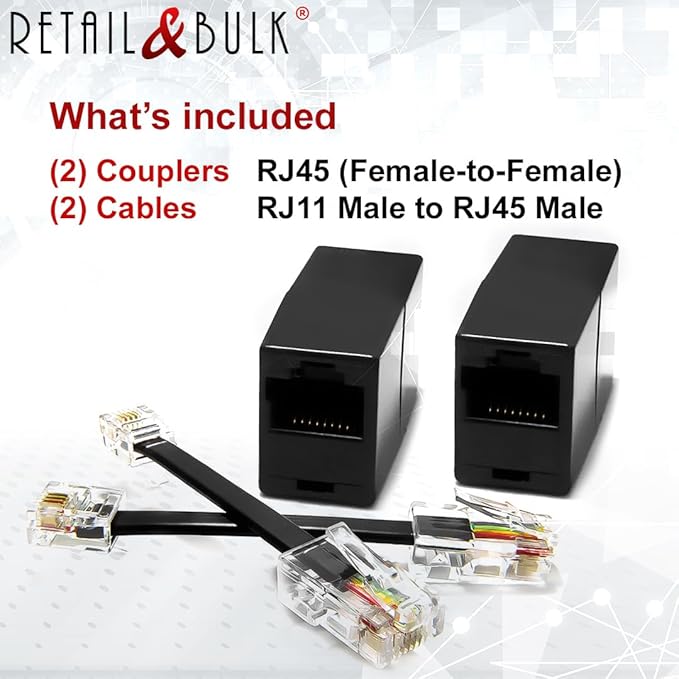 2-Pack Phone Line to Ethernet Adapter – RJ45 Female to RJ11 Male for Landline, Fax, DSL Modem Connection (Black, Made in USA)
