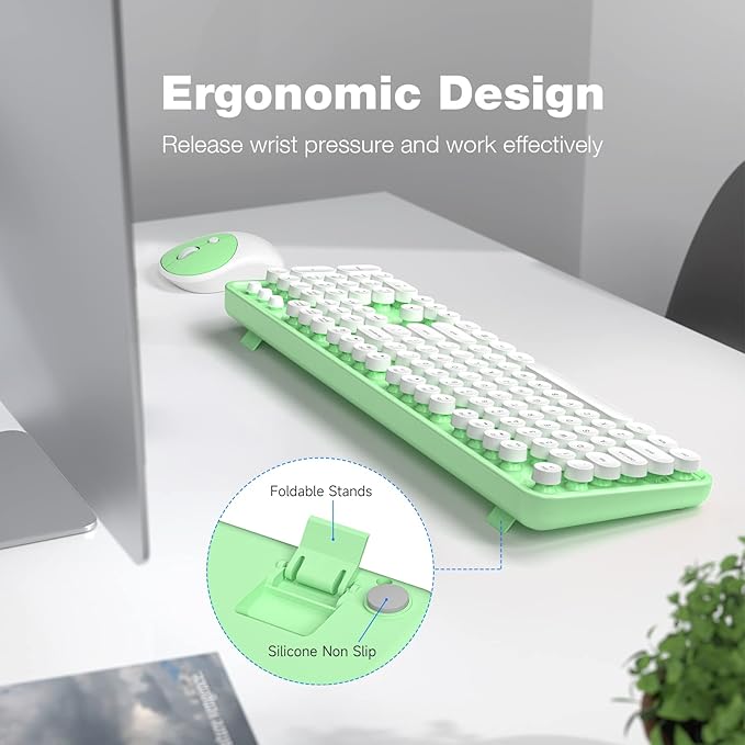 KNOWSQT Wireless Keyboard and Mouse Combo - White-Green Full-Sized 2.4 GHz 104 Keys Typewriter Keyboard, Flexible Round Keycap and Optical Mouse for Windows, Computer, PC, Laptop, Desktop, Mac