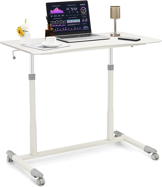 COSTWAY Mobile Height Adjustable Standing Desk, Compact Pneumatic Sit to Stand Computer Desk w/Lockable Casters, Ergonomic Rolling Laptop Table w/Steel Frame for Home Office (White)