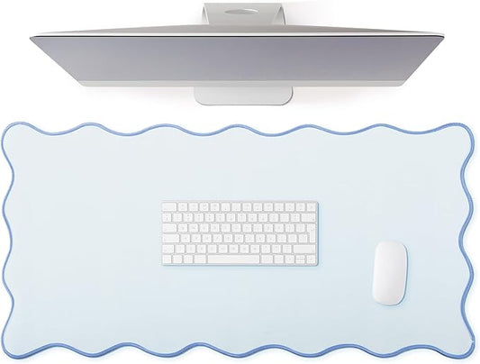 Scalloped Desk Mat Large Scalloped Piping Cute Desk Mat Aesthetic Preppy Table Pad Large Nonslip Pad with Edge Stitching Waterproof Gaming(Blue,31.5 x 15.75 Inches)