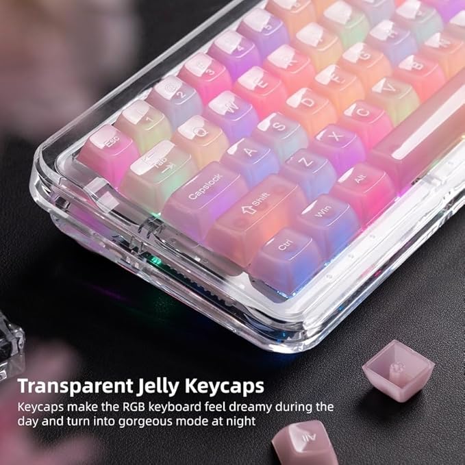 Womier Keyboard Keycaps Jelly, Clear Cute Keycaps, Transparent Pink Custom Key Cap 60 65 75 100 Percent for Cherry MX, Kailh, Outemu, Gateron Mechanical Keyboards(MDA Profile)