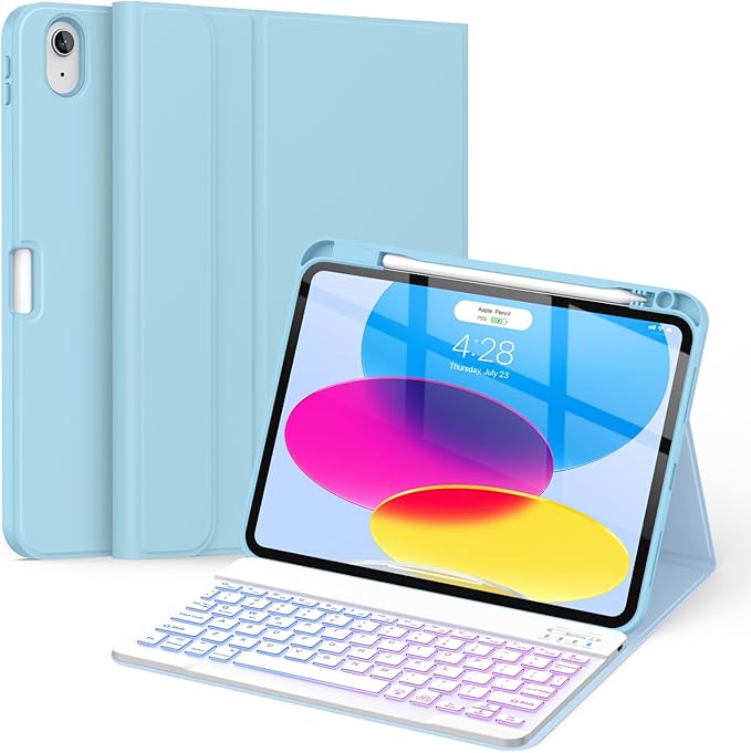 Soke for iPad (A16) 11th/10th Generation Case with Keyboard(2025/2022)-7 Color Backlight Wireless Detachable Folio Keyboard Cover with Built-in Pencil Holder for iPad 11/10.9 inch, Ice Blue