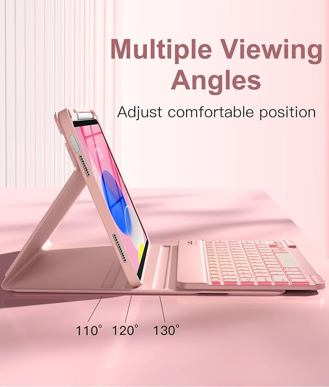 Hamile for iPad 11th 10th Generation Case with Keyboard - 7 Colors Backlit Wireless Detachable Folio Keyboard Cover with Pencil Holder for iPad A16 11-inch 2025 10th Gen 10.9 Inch 2022 (Pink Rose)