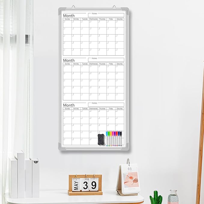 Lincia 36" x 18" Magnetic Vertical 3 Month Dry Erase Calendar for Wall Undated Horizontal Dry Erase Wall Calendar Planner Aluminum Frame Whiteboard for Home Office Projects Fridge