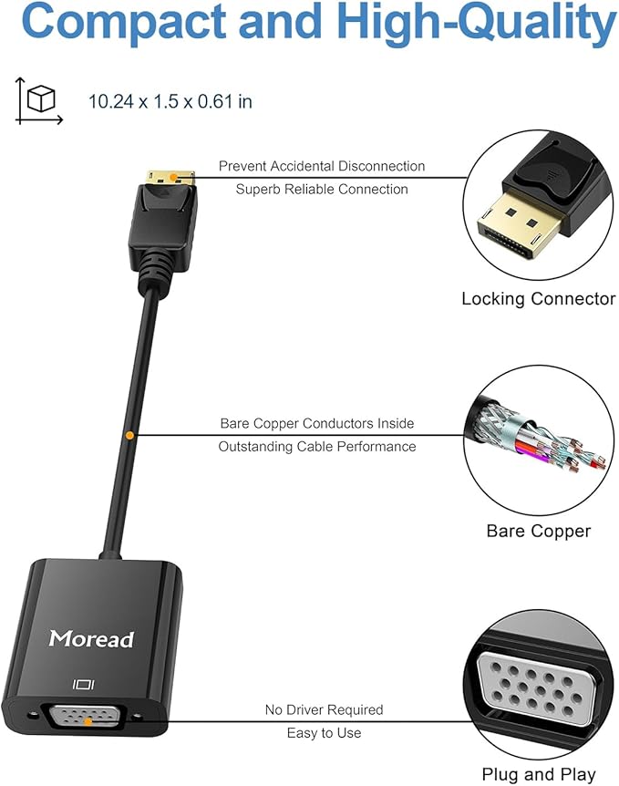 DisplayPort (DP) to VGA Adapter, 10 Pack, Gold-Plated Display Port to VGA Adapter (Male to Female) Compatible with Computer, Desktop, Laptop, PC, Monitor, Projector, HDTV - Black