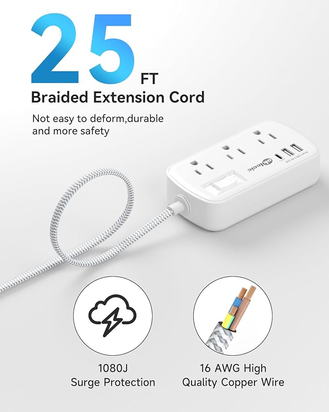 Extension Cord 25 FT Multiple Outlets Surge Protector Power Strip 6AC Outlets 3USB(5V/3.4A 17W), Flat Plug Long Braided Extension Cord, Wall Mountable for Home College Dorm 13A 1625W White