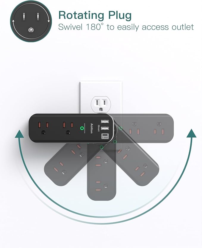 Surge Protector Outlet Extender - with Rotating Plug, 6 AC Multi Plug Outlet with 3 USB Ports, 1800J Wall Charger, 3-Sided Power Strip with Spaced Outlet Splitter for Home, Office, Travel （Black）