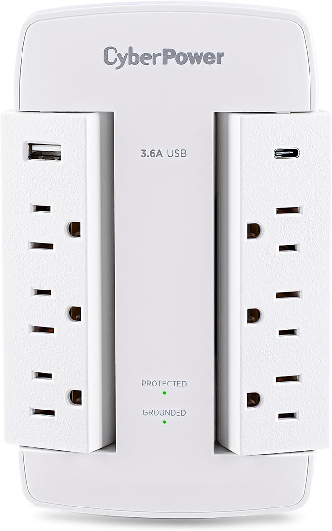CyberPower CSP600WSURC5 Professional Surge Protector, 900J/125V, 6 Swivel Outlets, 1 USB-C Charge Port, Wall Tap Design, White, UL listed