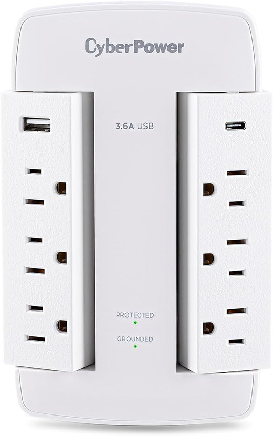 CyberPower CSP600WSURC5 Professional Surge Protector, 900J/125V, 6 Swivel Outlets, 1 USB-C Charge Port, Wall Tap Design, White, UL listed