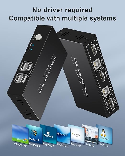 HDMI KVM Switch 1 Monitors 2 Computers, USB KVM Switches Sharing 4 USB, Support Wireless Keyboard and Mouse, Powered by USB, with 2 HDMI and 2 USB Cables…
