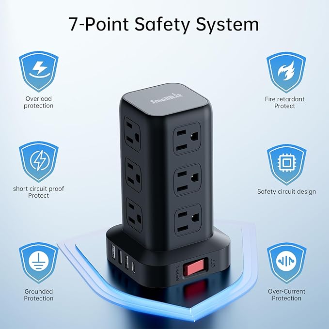 Extension Cord with Multiple Outlets, SMALLRT Surge Protector Tower, PD 20W USB C, Power Strip with USB Ports 12 AC Outlets, 10FT Outlet Extender for Home Dorm, Office Supplies, Overload Protection