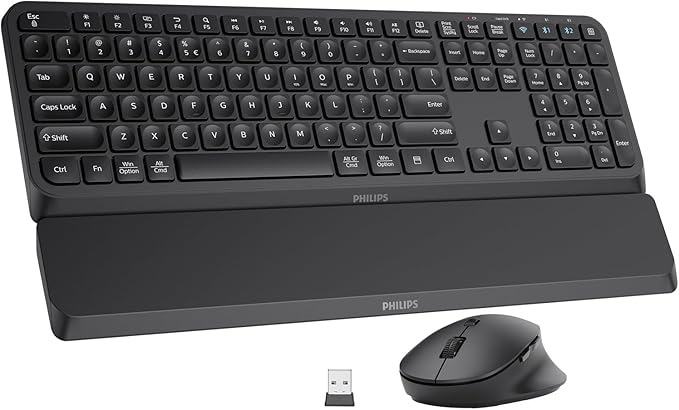 PHILIPS Bluetooth Keyboard and Mouse Combo, Ergonomic Design with Wrist Rest for Computer Keyboard, Bluetooth/2.4Ghz 3-Device Connectivity, Wireless Keyboard and Mouse Set for Windows/Android, Black