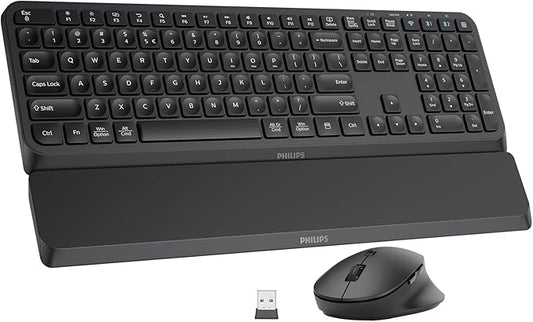 PHILIPS Bluetooth Keyboard and Mouse Combo, Ergonomic Design with Wrist Rest for Computer Keyboard, Bluetooth/2.4Ghz 3-Device Connectivity, Wireless Keyboard and Mouse Set for Windows/Android, Black