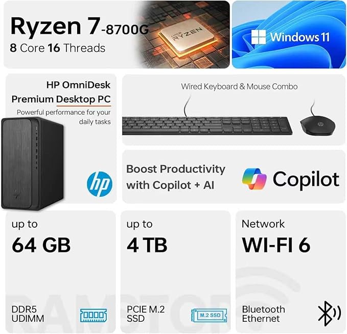 HP OmniDesk Tower Desktop Computer • 8-core AMD Ryzen 7 8700G Processor • 16GB DDR5 • 1TB Storage (512GB SSD + 512GB External) • HDMI + DP • Wi-Fi 6 • Wireless Keyboard & Mouse • Windows 11