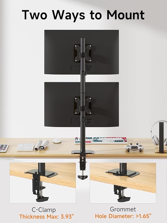 Bracwiser Dual Vertical Fully Adjustable Monitor Arm Stand Mount Fits Two Screen 13-32 inch 22lbs for Monitor Computer Screen 13 15 17 19 20 22 23 24 26 27 32 inch VESA 75 100 (MD7802)