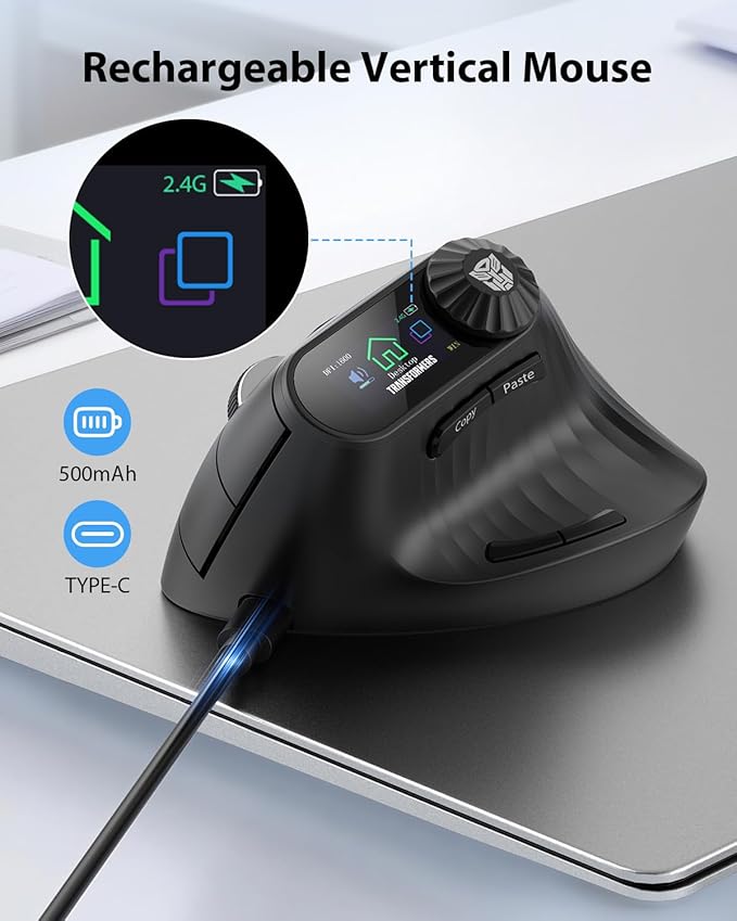 Transformers Vertical Ergonomic Mouse with LED Screen & Knob Control, Rechargeable Vertical Mouse Wireless, 3-Device Connectivity (2.4G + Dual Bluetooth), Quiet Clicks, Computer Mice for PC/Mac/Laptop