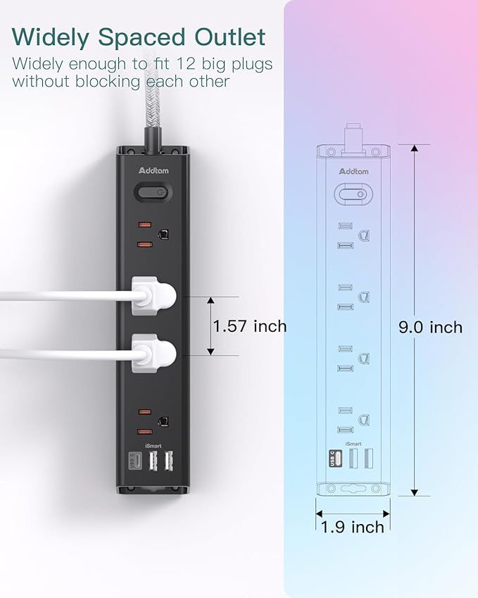 Surge Protector Power Strip - 10 FT Extension Cord, Power Strip with 12 Widely AC Outlet 3 USB, Flat Plug Wall Mount Overload Protection, 1050J, Desk Charging Station for Home Office, ETL Listed,Black