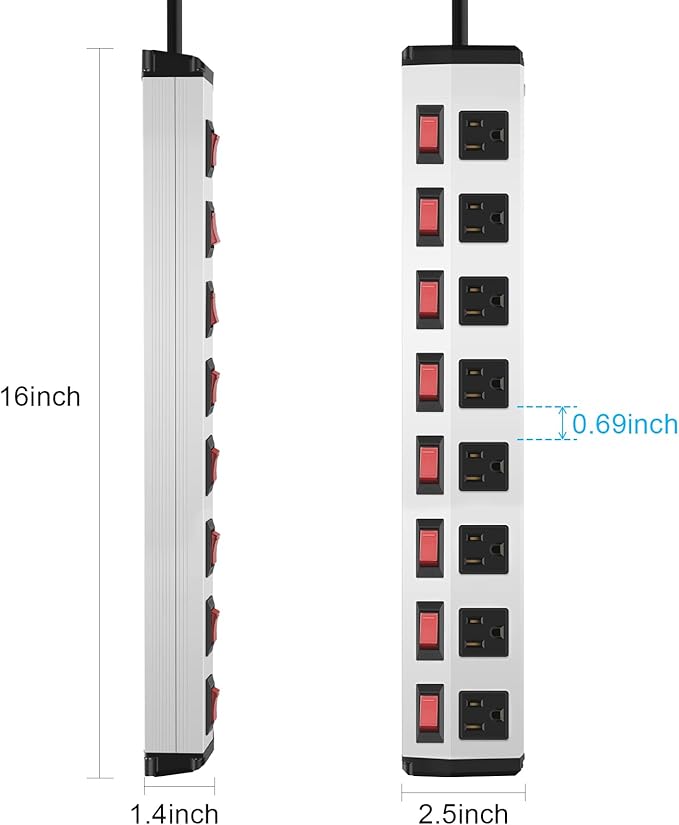 8 Outlet Metal Power Strip with Individual Switches,Heavy Duty Appliance Power Strip with Flat Plug,1200J Surge Protector,10FT Extension Cord,15A 120V 1800W,Home Office School Shop Industrial