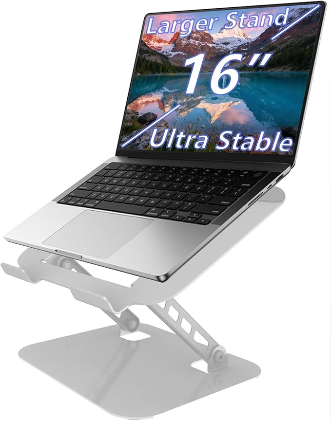 Adjustable Laptop Stand, Ultra Stable Metal Base Ergonomic Foldable Computer Riser for Desk Compatible with MacBook Pro/Air Notebook All Laptop Under 16 Inches (Silver)