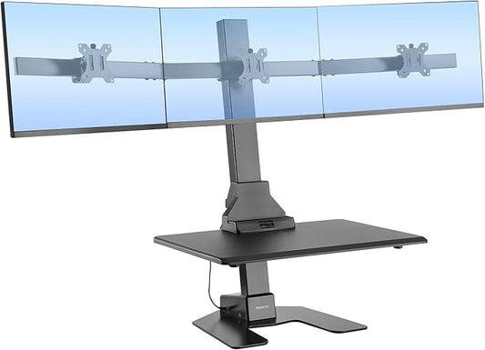 Mount-It! Triple Monitor Electric Standing Desk Converter - 3 Screens Stand Up Desk Riser - Height Adjustable Desktop & 3 Mounts for Screens up to 32", Sit-Stand Convertor for Home, Office, School