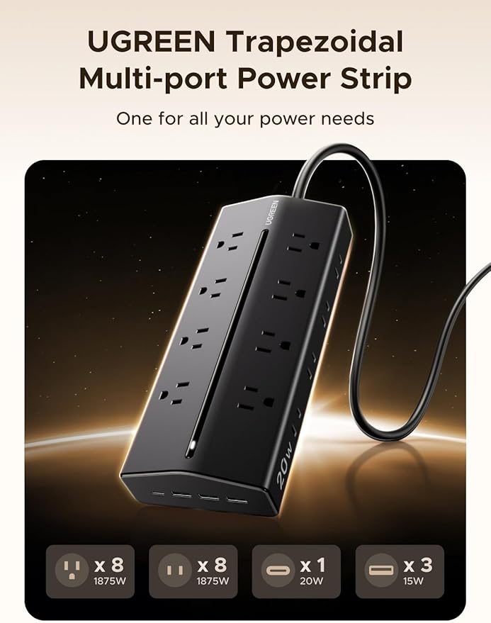 UGREEN Power Strip, 20 in 1 with 20W USB C Fast Charging[16AC + 1USB C + 3USB A][Wider Outlet Spacing] 1.5M Durable Extension Cord for Home/Office/Dorm/Travel, TUV Listed