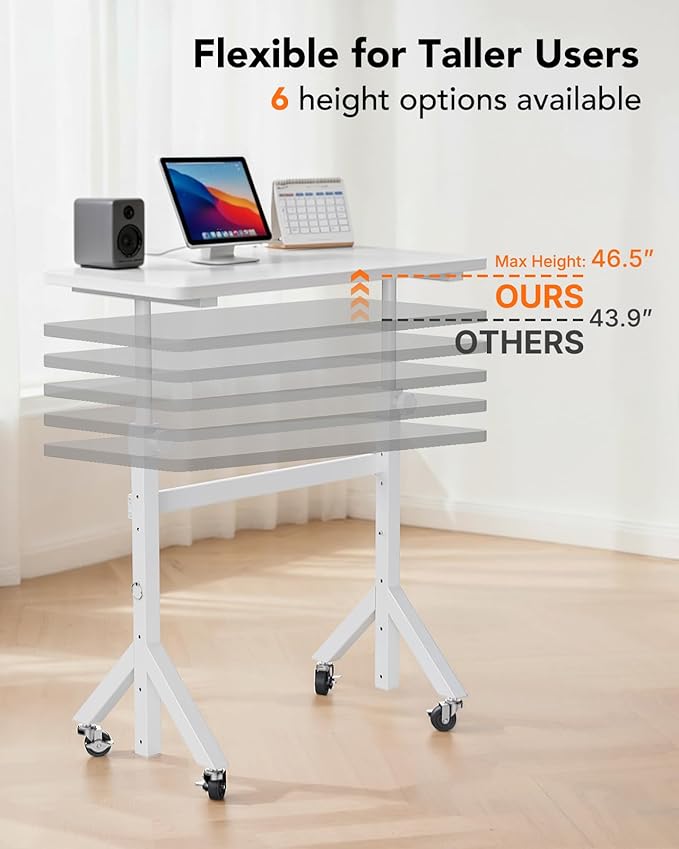 ErGear Small Standing Desk Adjustable Height, 6 Height Settings Up to 46.5″, Walking Pad Desk with Triangular Leg Design, Smooth Mobility with Lockable Wheels, Standing Desk for Walking Pad, White
