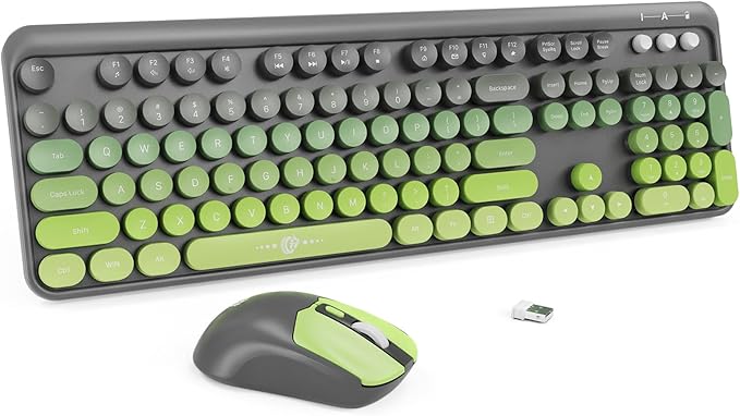 Wireless Keyboard and Mouse Combo - Cute Colorful Keyboard and Mouse, Retro Typewriter Keyboard with 2.4GHz Plug & Play, for Windows 11/10/7, Laptop, PC (Green)