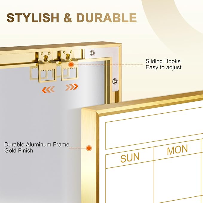 Large Dry Erase Calendar Whiteboard for Wall, 36'' x 24'' Magnetic Monthly White Board with Cork Board, Gold Aluminum Frame Memo Board for Home, Office, School