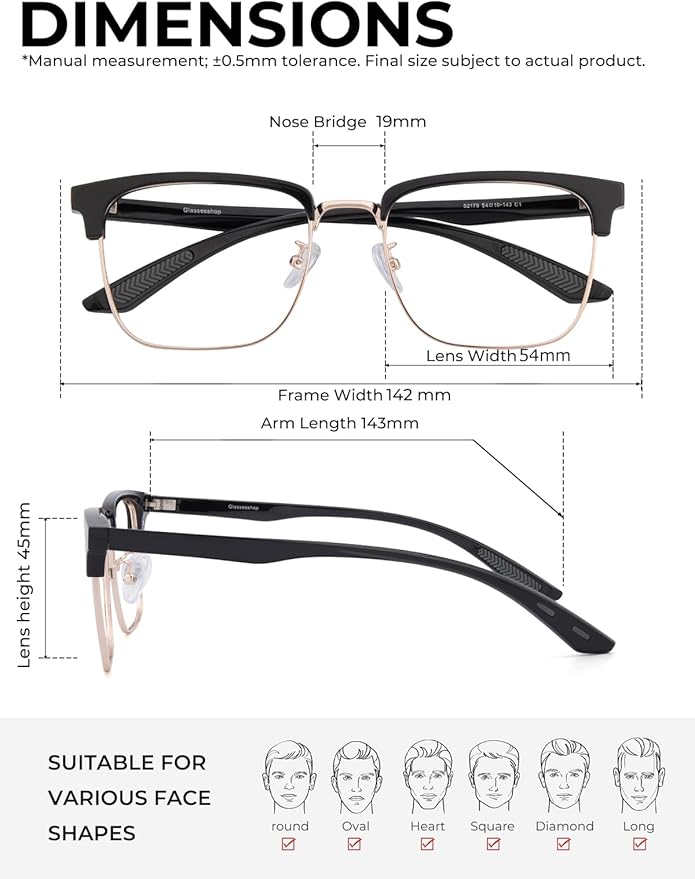 Blue Light Glasses Men Rectangle Large Browline Computer Gaming Glasses
