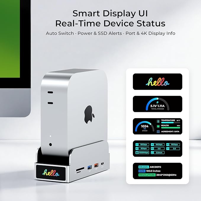 MiniDock Mac mini M4 Dock and Stand, 11-in-1 USB-C Hub with 8TB M.2 NVMe SSD Enclosure, Smart Display, 4K@60Hz HDMI, Gigabit Ethernet, SD/TF, 3.5mm Audio, PD Charging, for Mac mini/Pro/Air/Windows