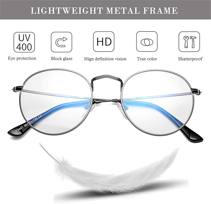 HJSTES Round Blue Light Glasses for Women Men Retro Circle Clear Lens Metal Frame Eyeglasses