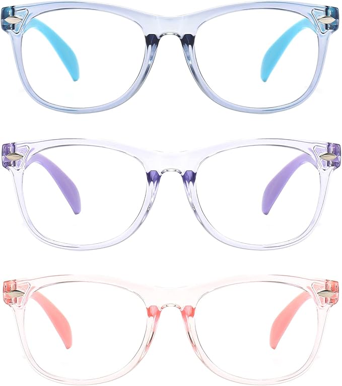 3 Pack kids Blue Light Blocking Glasses for girls boys Computer Blue Light Blocking Glasses For Age 3-9 (Light blue + Light purple + Light pink)