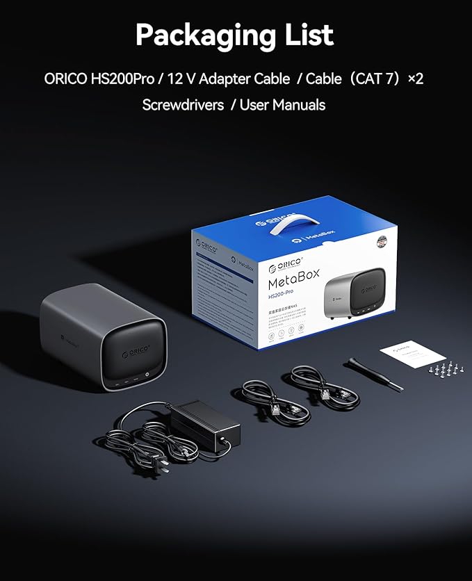 ORICO Network Attached Storage, Link Sharing & Remote Access, AI Albums & 4K Media Library, HDD Slot * 2, M.2 NVMe SSD Slot * 2, 2.5 GbE * 2, MetaBox NAS Storage, HS200-2 Bay (Diskless)