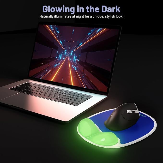Ergonomic Mouse Pad with Wrist Rest & Elbow Support, Soft Silicone Gel Cushion, Non-Slip Base, Glow-in-The-Dark, Compatible with Vertical Ergonomic Mouse for Office & Gaming (Blue)