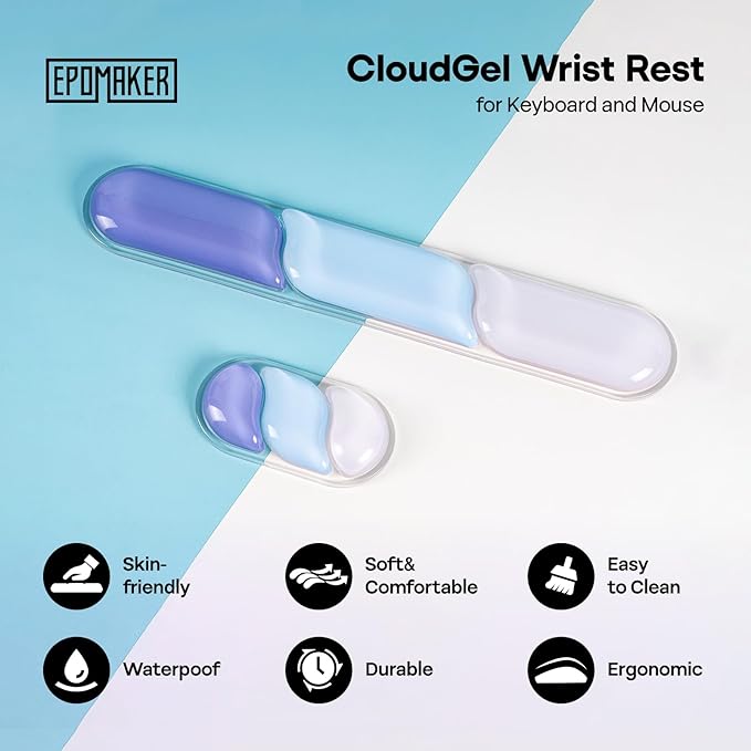 EPOMAKER CloudGel Wrist Rest for Keyboard and Mouse, 2 Pieces Silicone Wrist Support, Anti-Slip Rubber Bottom, Ergonomic Design, Suitable for Office/Computer/Laptop/Gaming (Blue)