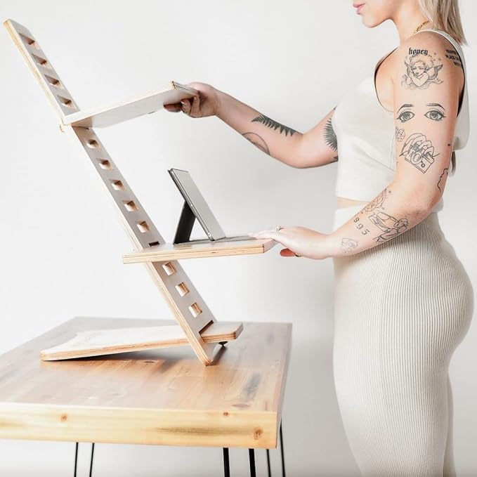 Sleekform Standing Desk Converter - Elevation Stand, Laptop Riser, Adjustable Height Sit to Stand Desk Converter Workstation for Office and Home, Table Top Wood Portable